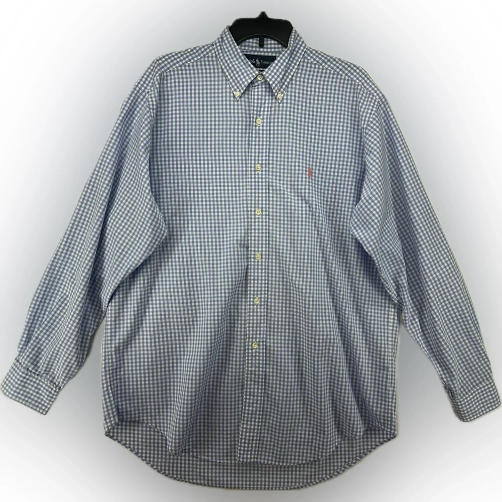 Polo Ralph Lauren Yarmouth Shirt Mens‎ 16 34/35 Blue Gingham Check Pink Pony